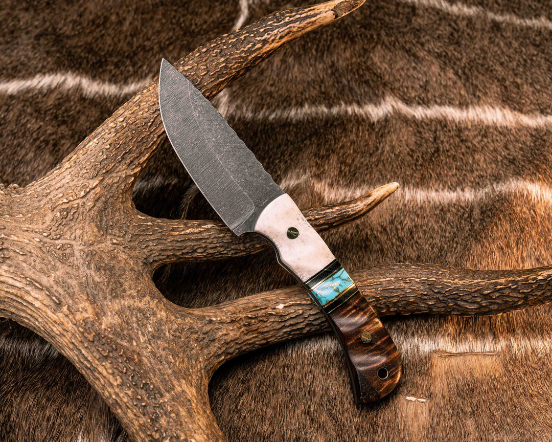 Cavner- Elk Antler, Black G10 and Brass Pin Striping, Turquoise with Gold Web Tru-stone Split, Hawaiian Curly Koa, Brass Mosaic Pins, Brass Lanyard Pin, Textured Grip