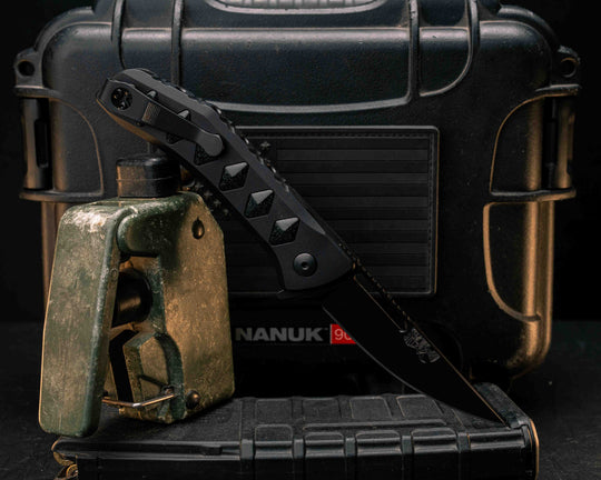 Custom Kwaiken Folder - Black Rubber Resin UV Blue Glow Inlay, Anodized Black Handle, Black Nitride Blade, Textured Grip, Deep Carry Pocket Clip