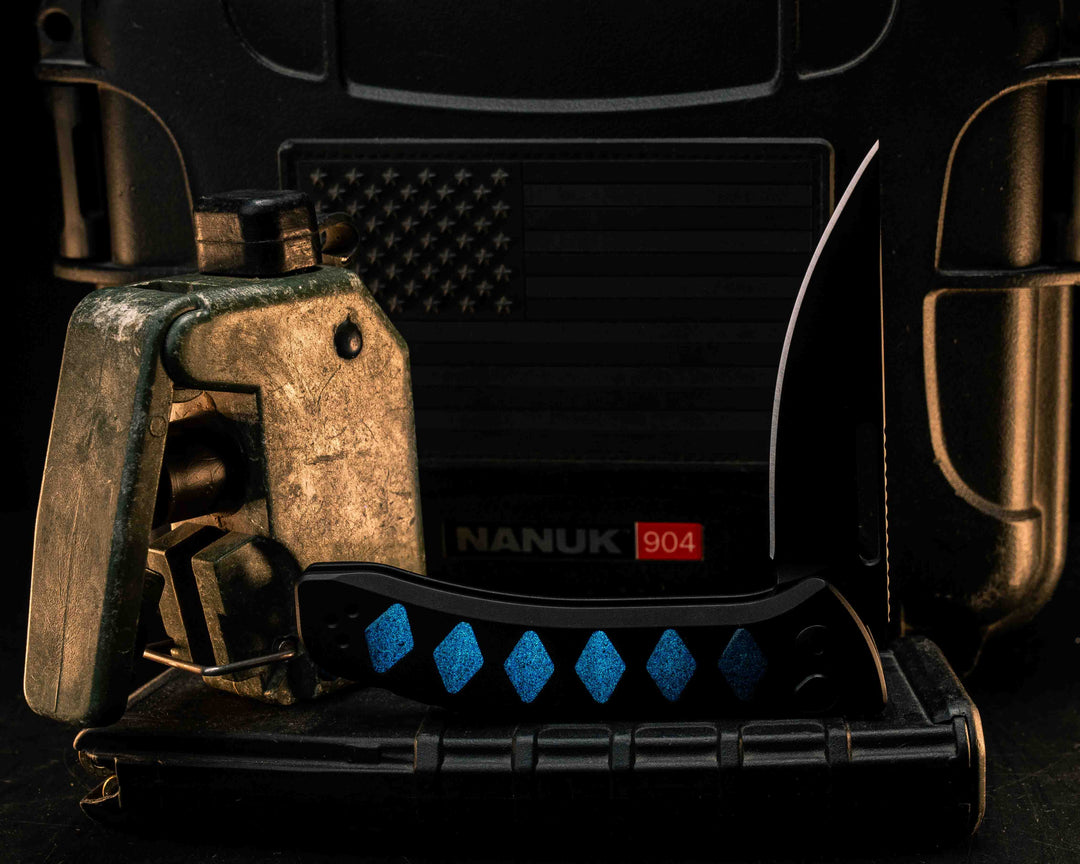 Custom Kwaiken Folder - Black Rubber Resin UV Blue Glow Inlay, Anodized Black Handle, Black Nitride Blade, Textured Grip, Deep Carry Pocket Clip