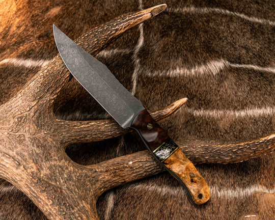 Crow Scout- Snakewood, Black G10 and Brass Pin Striping, Black with Gold Web Tru-stone Split, Amboyna Burl, Mosaic Pins, Brass Lanyard Pin, Textured Grip