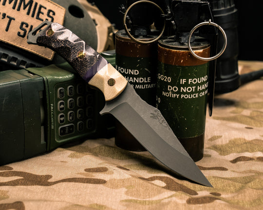Tosahwi- Raw Jute Micarta, Purple G10 Split, Bison Jute Micarta, Mosaic Pins, Chaos Grip