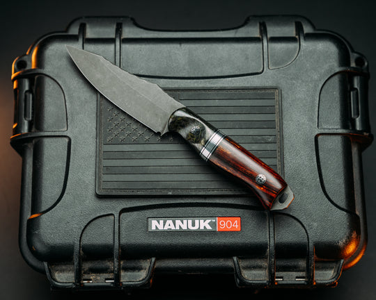 Field Knife Jr - Green Infused Dark Matter Carbon, Black G10 Pin Striping, Aluminum Splits, Desert Ironwood, Mosaic Pins, Contoured Grip