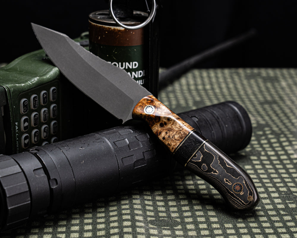 Field Knife Jr- Lion's Blood Amboyna, Black G10 and Brass Pins Striping, Hawaiian Curly Koa Split, Gold Camo Carbon, Mosaic Pins, Contoured Grip