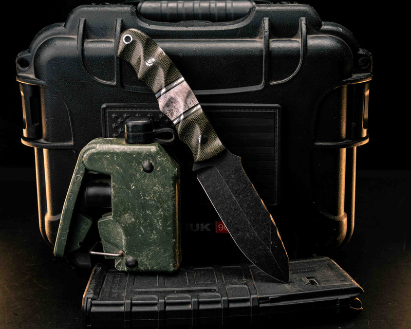 Disaster Jr- OD Green Canvas Micarta, Black G10, Coyote G10 and Aluminum Pin Striping, Elk Antler Split, Mosaic Pins, Aluminum Lanyard Pin, Textured Grip