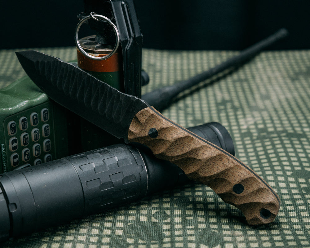 Disaster Jr- Brown Burlap Micarta, Micarta Pins, CF Lanyard Pin, Chaos Grip