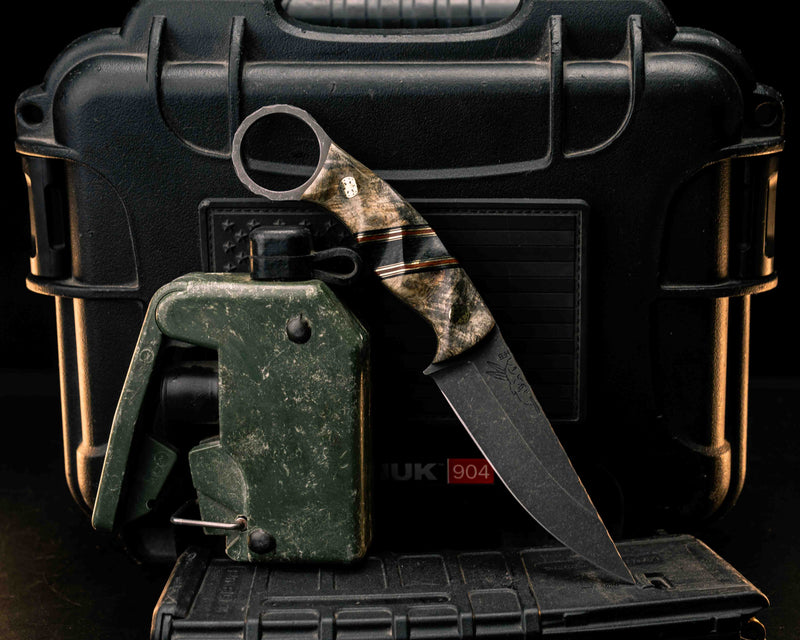 Osoraku 3" Mini- Buckeye Burl, Black G10, Brass and Natural Canvas Micarta Pin Striping, Black Canvas Micarta Split, Brass Mosaic Pins, Textured Grip