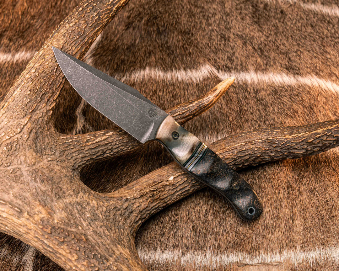 Crow Scalper- Ram's Horn, Black G10, Forest Green G10, Aluminum and Brass Split, Dyed Black Ash, Mosaic Pins, Aluminum Lanyard Pin, Textured Grip
