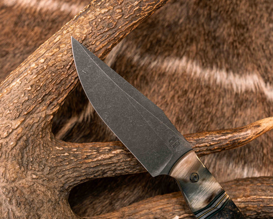 Crow Scalper- Ram's Horn, Black G10, Forest Green G10, Aluminum and Brass Split, Dyed Black Ash, Mosaic Pins, Aluminum Lanyard Pin, Textured Grip