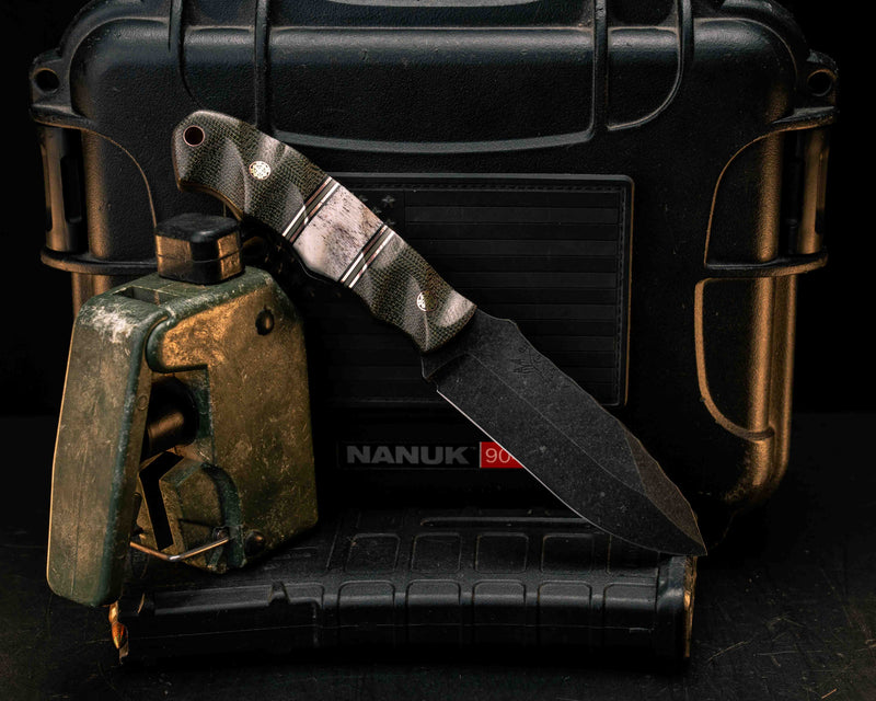 Disaster Jr- OD Green Canvas Micarta, Black G10, Copper and White G10 Pin Striping, Elk Antler Split, Mosaic Pins, Copper Lanyard Pin, Textured Grip
