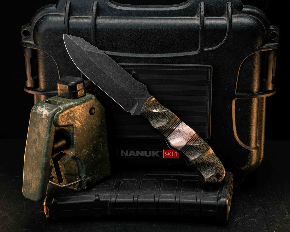 Disaster Jr- OD Green Canvas Micarta, Black G10, Copper and White G10 Pin Striping, Elk Antler Split, Mosaic Pins, Copper Lanyard Pin, Textured Grip