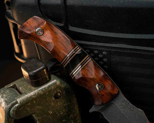 Tosahwi- Desert Ironwood, Black G10, Coyote G10 and Copper Pin Striping, Ultem Split, Mosaic Pins, Textured Grip