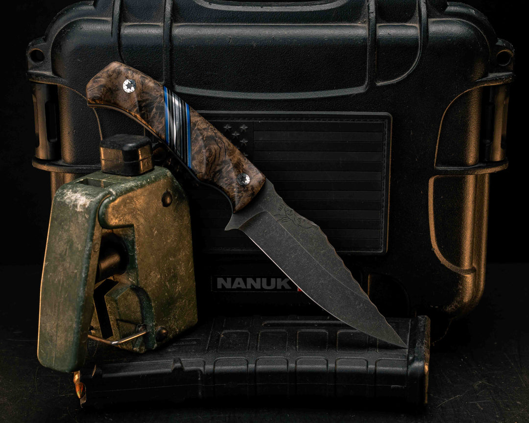 Tosahwi- Black Ash Burl, Black G10, Blue G10, Grey G10 and Aluminum Split, Mosaic Pins, Textured Grip