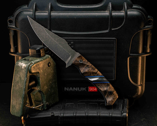 Tosahwi- Black Ash Burl, Black G10, Blue G10, Grey G10 and Aluminum Split, Mosaic Pins, Textured Grip