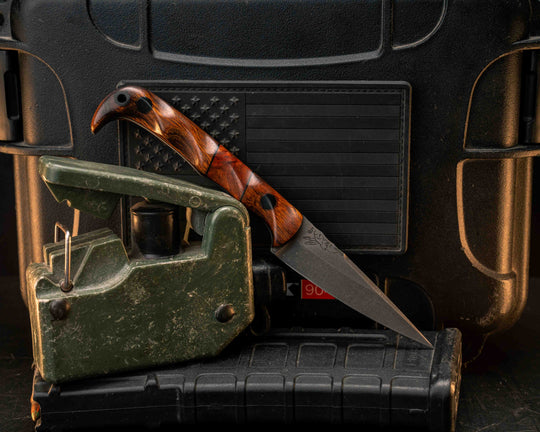 Slender Man- Desert Ironwood, Black B10 and Afzelia Split, CF Pins, CF Lanyard Pin, Textured Grip