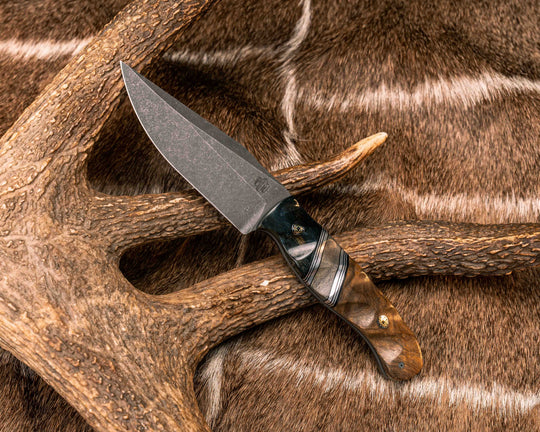 Crow Scalper- Dyed Giraffe Bone, Black G10 and Aluminum Pin Striping, Buckeye Burl Split, Teak, Mosaic Pins, Textured Grip