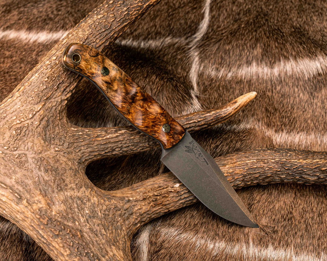 Crow Scalper- Amboyna Burl, Mosaic Pins, Brass Lanyard Pin, Textured Grip