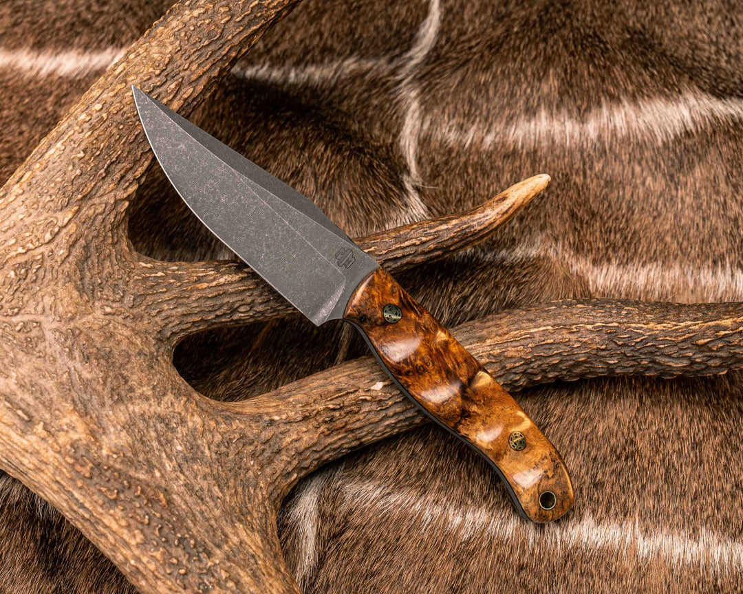 Crow Scalper- Amboyna Burl, Mosaic Pins, Brass Lanyard Pin, Textured Grip