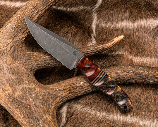 Crow Scalper- Afzelia Wood, Black G10, Coyote G10 and Copper Split, Copper Dark Matter Carbon, Mosaic Pins, Copper Lanyard Pin, Textured Grip