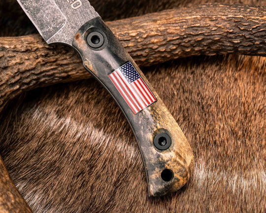 Cav Jr Back Country Semiquincentennial- Buckeye Burl, American Flag Inlay, Brown Burlap Micarta and Black G10 Liner Liner, Allen Bolts, Smooth Grip