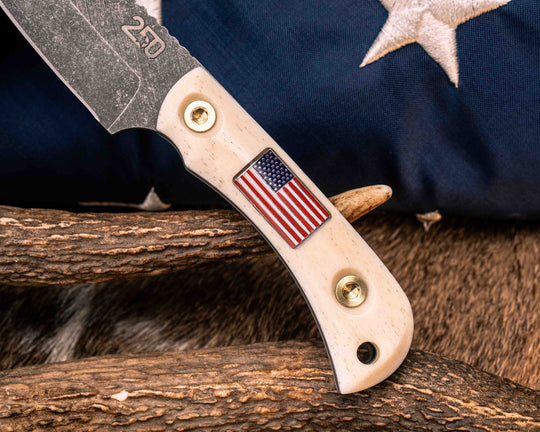 Cav Jr Back Country Semiquincentennial- Elk Antler, American Flag Inlay, Red, White and Blue G10 and Brass Liner, Brass Bolts, Smooth Grip