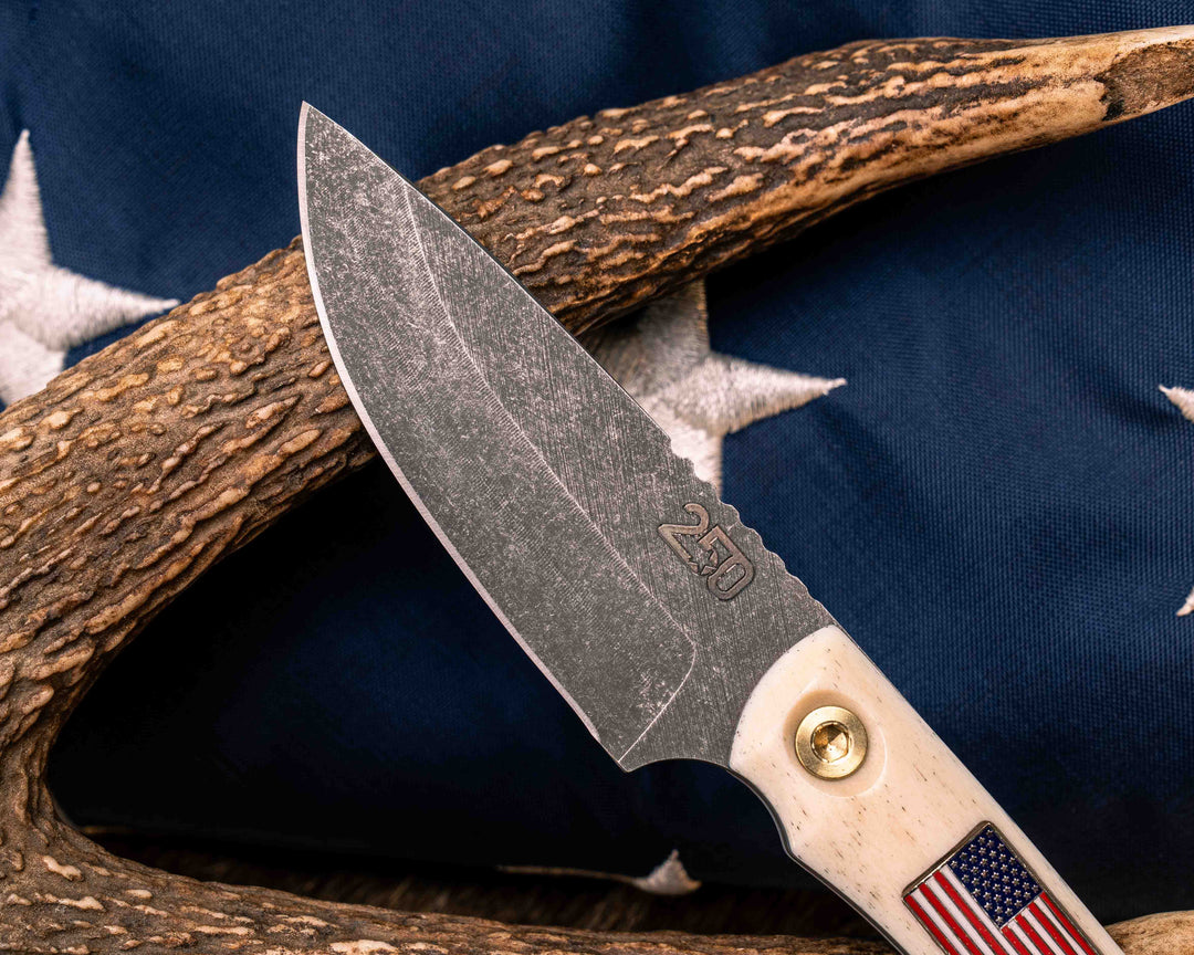 Cav Jr Back Country Semiquincentennial- Elk Antler, American Flag Inlay, Red, White and Blue G10 and Brass Liner, Brass Bolts, Smooth Grip