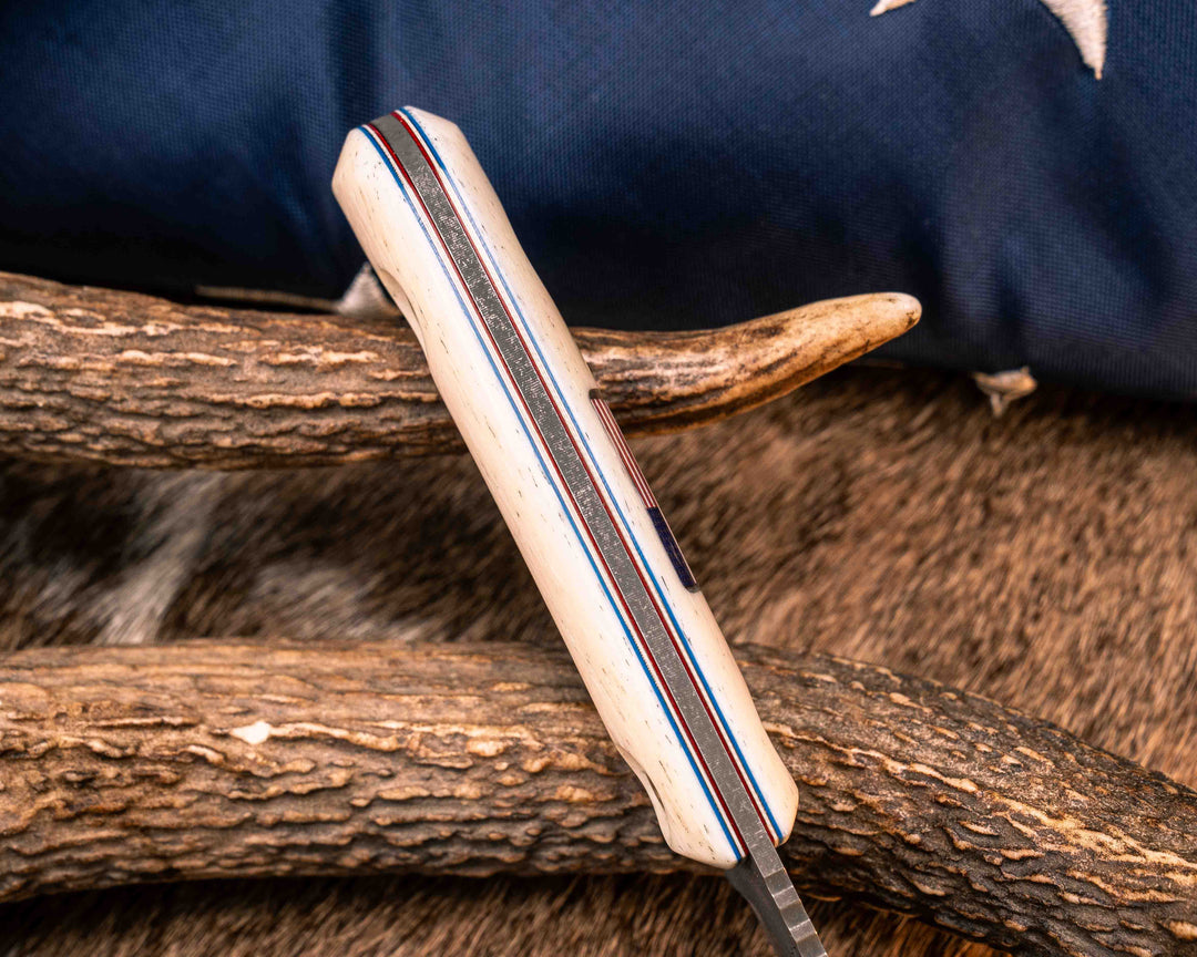 Cav Jr Back Country Semiquincentennial- Elk Antler, American Flag Inlay, Red, White and Blue G10 and Brass Liner, Brass Bolts, Smooth Grip
