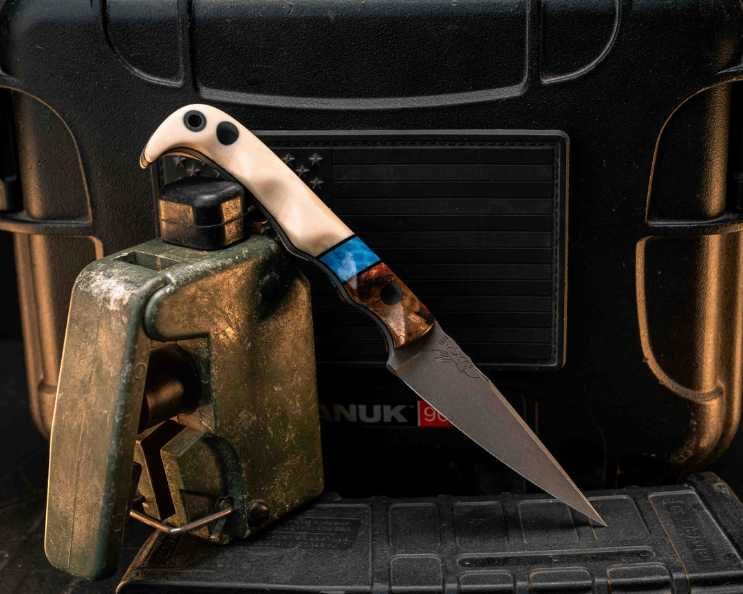 Slender Man- Katalox, Black G10 and Dyed Coral Split, Giraffe Bone, CF Pins, CF Lanyard Pin, Textured Grip