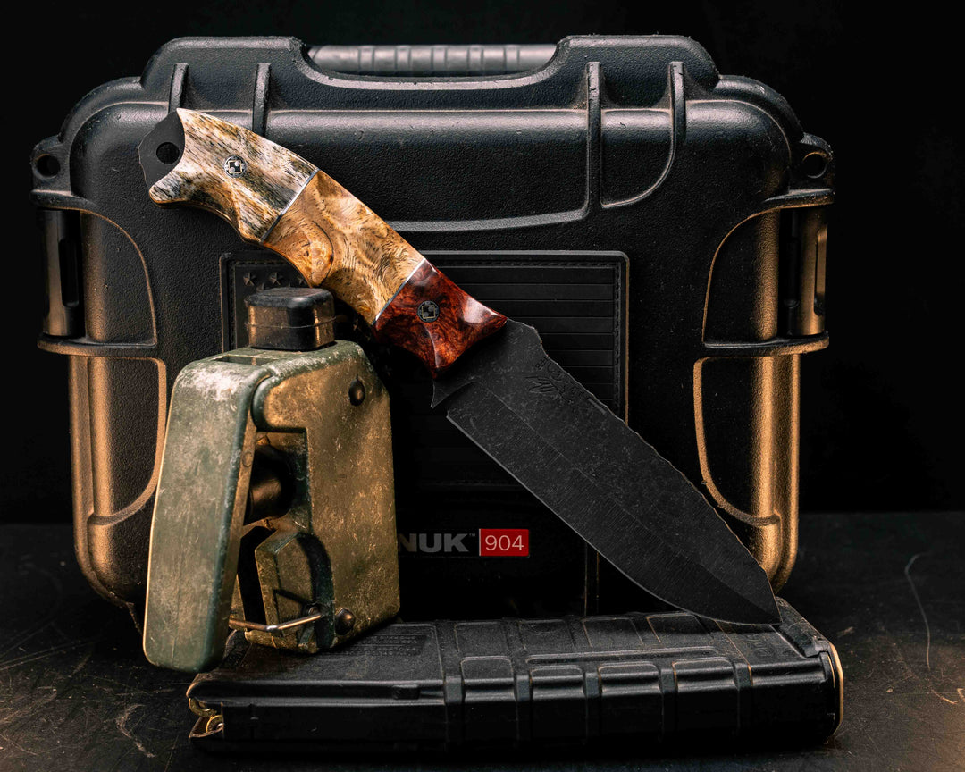 Disaster Breacher- Amboyna Burl, Aluminum Pin Striping, Black Ash Burl Split, Giraffe Bone, Mosaic Pins, Textured Grip