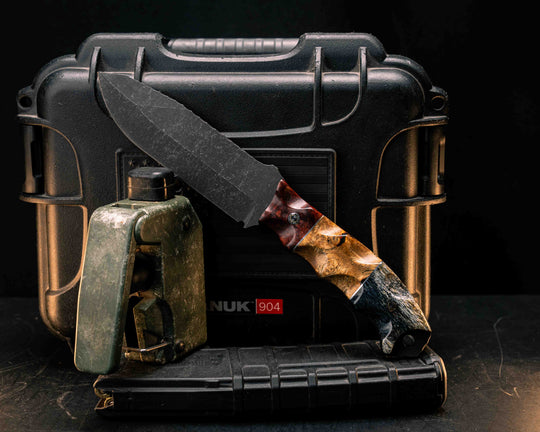 Disaster Breacher- Amboyna Burl, Aluminum Pin Striping, Black Ash Burl Split, Giraffe Bone, Mosaic Pins, Textured Grip