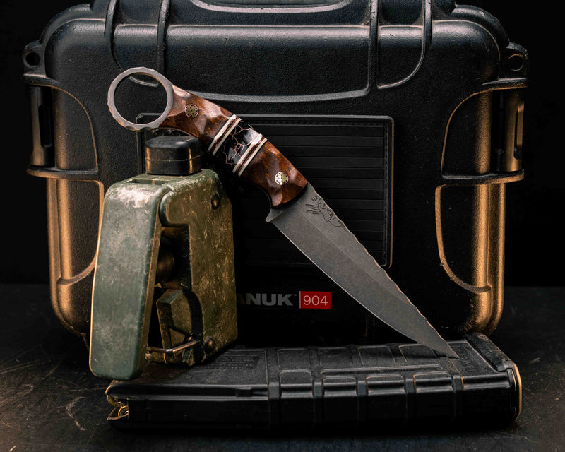 Osoraku 4"- Desert Ironwood, Black G10, White G10 and Copper Pin Striping, Black with Copper Web Tru-stone Split, Mosaic Pins, Textured Grip