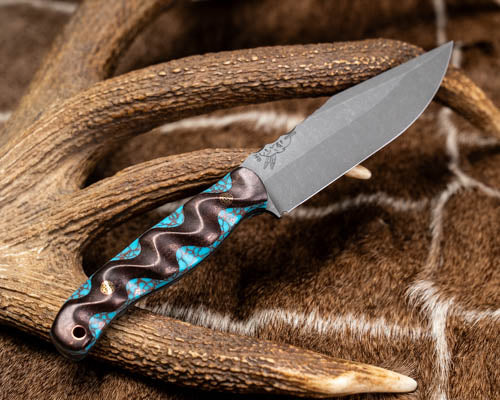 Crow Scout Drop Point- Copper Space Coral Carbon Over Turquoise with Copper Web Tru-stone Split, Mosaic Pins, Copper Lanyard Pin, Textured Grip