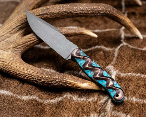 Crow Scout Drop Point- Copper Space Coral Carbon Over Turquoise with Copper Web Tru-stone Split, Mosaic Pins, Copper Lanyard Pin, Textured Grip