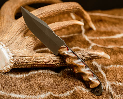 Crow Scout Drop Point- Hawaiian Curly Koa Over Cherry G10 Over Copper Dark Matter Carbon, Mosaic Pins, Textured Grip