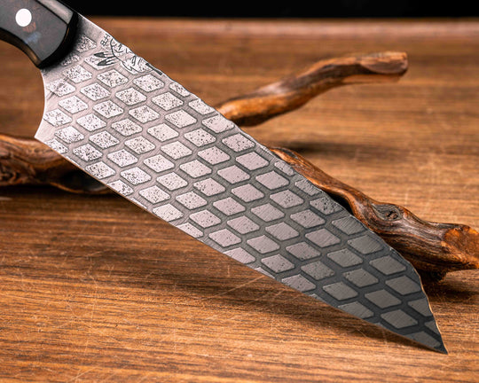 Santoku - Desert Ironwood and Blue Pearl Resin, Mosaic Pins, Smooth Grip