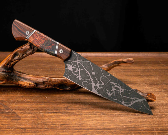 Santoku - Desert Ironwood, Black G10 and Copper Pin Striping, Dyed Black Ash Split, Mosaic Pins, Smooth Grip