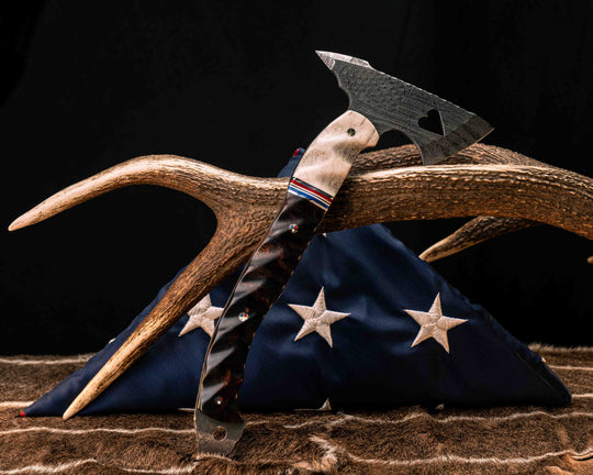 Bleeding Heart Hawk United States Semiquincentennial Special Edition- Elk Antler, Black G10, Aluminum, Cherry G10, White G10 and Blue G10 Split, Desert Ironwood, Patriot Mosaic Pins, Textured Grip