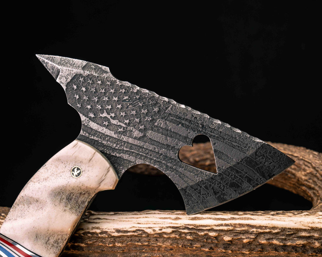 Bleeding Heart Hawk United States Semiquincentennial Special Edition- Elk Antler, Black G10, Aluminum, Cherry G10, White G10 and Blue G10 Split, Desert Ironwood, Patriot Mosaic Pins, Textured Grip