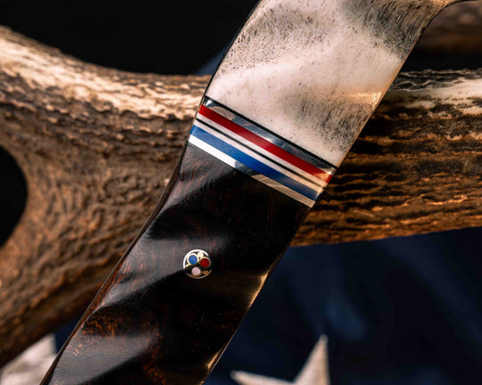 Bleeding Heart Hawk United States Semiquincentennial Special Edition- Elk Antler, Black G10, Aluminum, Cherry G10, White G10 and Blue G10 Split, Desert Ironwood, Patriot Mosaic Pins, Textured Grip