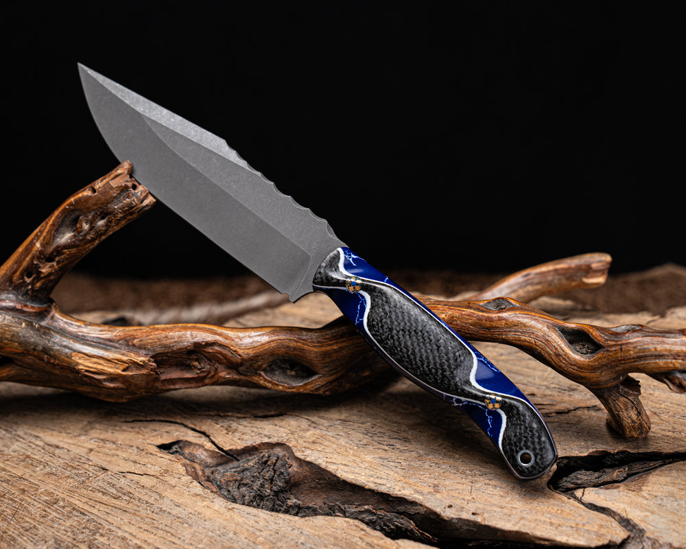 Crow Scout Drop Point- Carbon Over White G10 Over Sodalite Tru-stone, Mosaic Pins, Aluminum Lanyard Pin, Contoured Grip