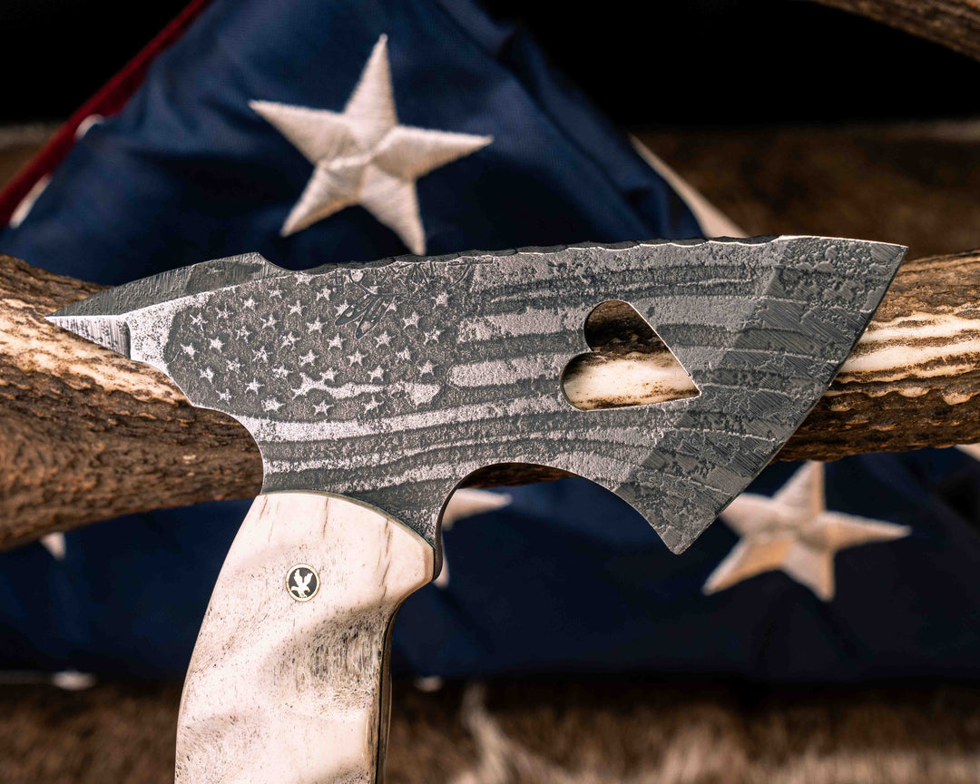Bleeding Heart Hawk United States Semiquincentennial Special Edition- Elk Antler, Black G10, Aluminum, Cherry G10, White G10 and Blue G10 Split, Desert Ironwood, Patriot Mosaic Pins, Textured Grip