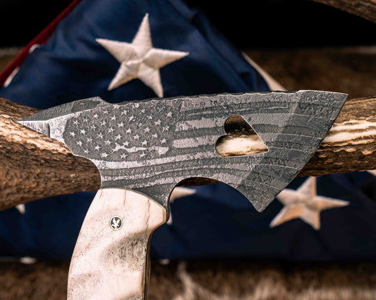 Bleeding Heart Hawk United States Semiquincentennial Special Edition- Elk Antler, Black G10, Aluminum, Cherry G10, White G10 and Blue G10 Split, Desert Ironwood, Patriot Mosaic Pins, Textured Grip