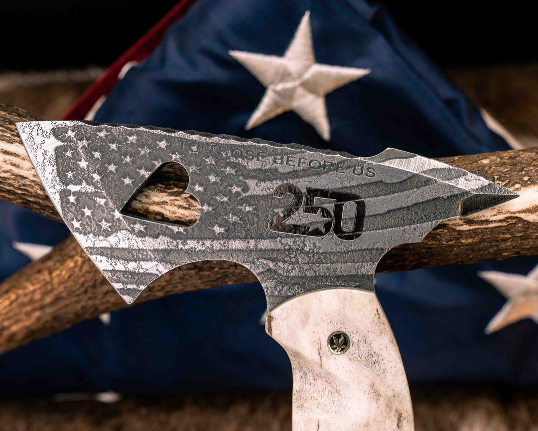 Bleeding Heart Hawk United States Semiquincentennial Special Edition- Elk Antler, Black G10, Aluminum, Cherry G10, White G10 and Blue G10 Split, Desert Ironwood, Patriot Mosaic Pins, Textured Grip