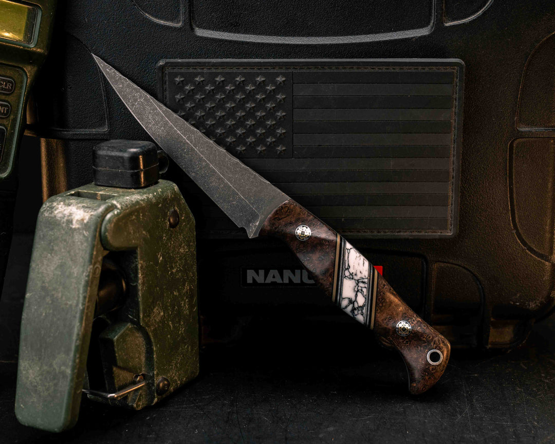 Congressman- Dyed Amboyna, Black G10, Coyote G10 and Aluminum Pin Striping, White Turquoise Tru-stone Split, Mosaic Pins, Aluminum Lanyard Pin, Textured Grip