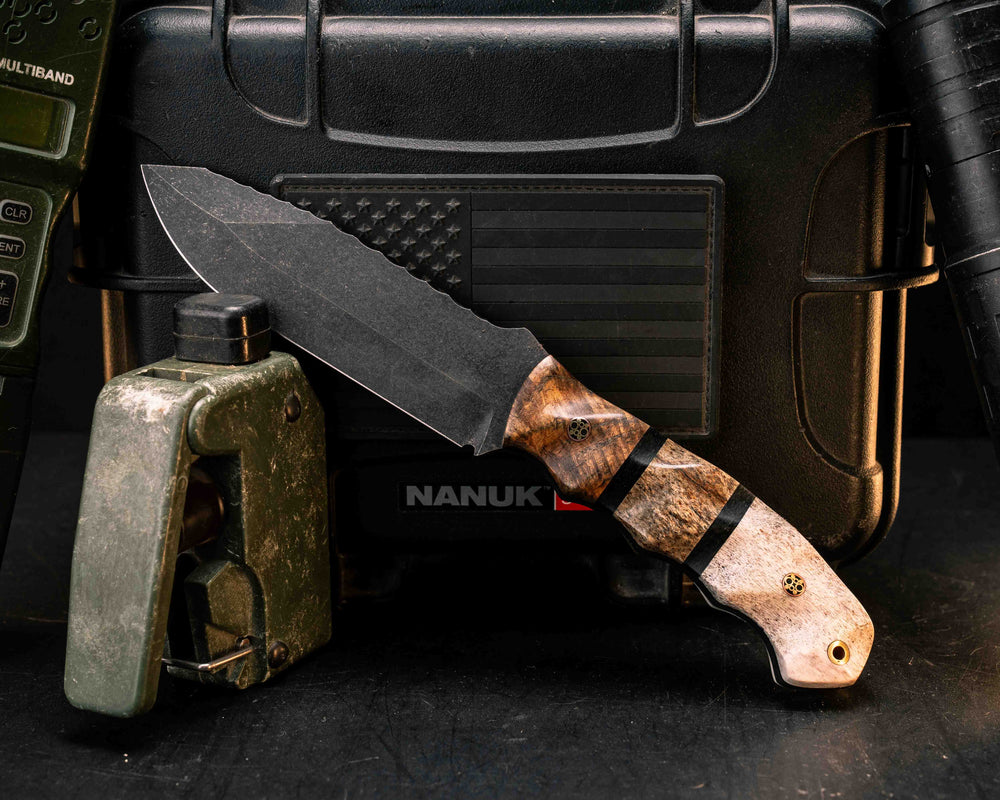 Disaster Breacher- Teak, Black Burlap Micarta and Dinosaur Bon Split, Elk Antler, Mosaic Pins, Brass Lanyard Pin, Textured Grip