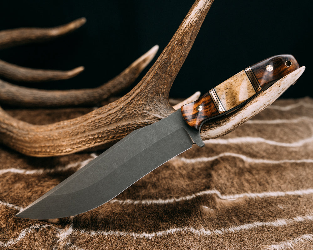 American Bowie- Desert Ironwood, Black G10 and Bronze Pin Striping, Dyed Giraffe Bone Split, Brass Mosaic Pins, Brass Lanyard Pin, Grooved Grip