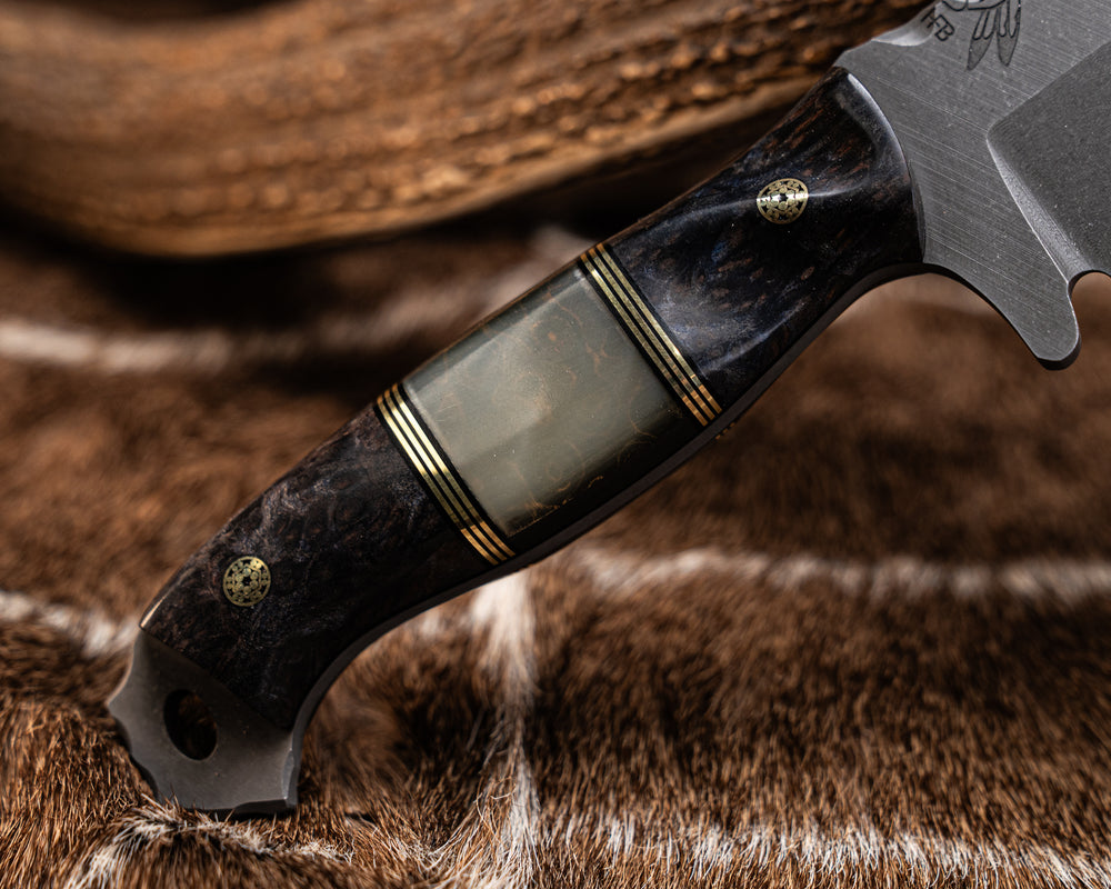 American Bowie- Dyed Redwood, Black G10 and Brass Pin Striping, Rams Horn over Gold Camo Carbon Split, Mosaic Pins, Contoured Grip