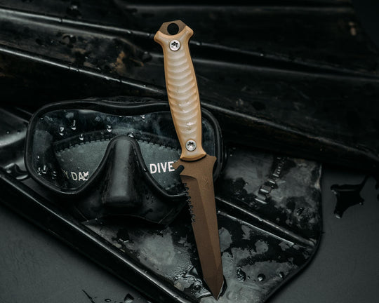 Dive knife Tanto- Ghost/Coyote G10, Midnight Bronze Cerakote, Ti Torx Bolts, Iron Grip