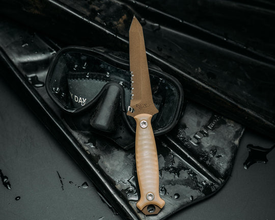 Dive knife Tanto- Ghost/Coyote G10, Midnight Bronze Cerakote, Ti Torx Bolts, Iron Grip