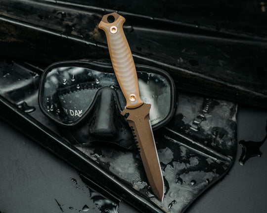 Dive knife- Ghost/Coyote G10, Midnight Bronze Cerakote, Brass Bolts, Iron Grip