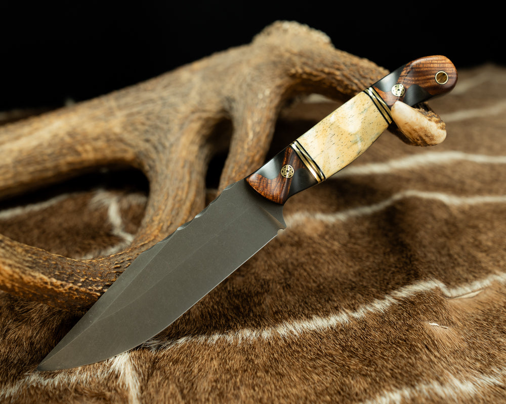 Crow Scout Drop Point- Hawaiian Curly Koa over Carbon, Black G10 and Brass Pin Striping, Giraffe Bone, Mosaic Pins, Brass Lanyard Pin, Textured Grip